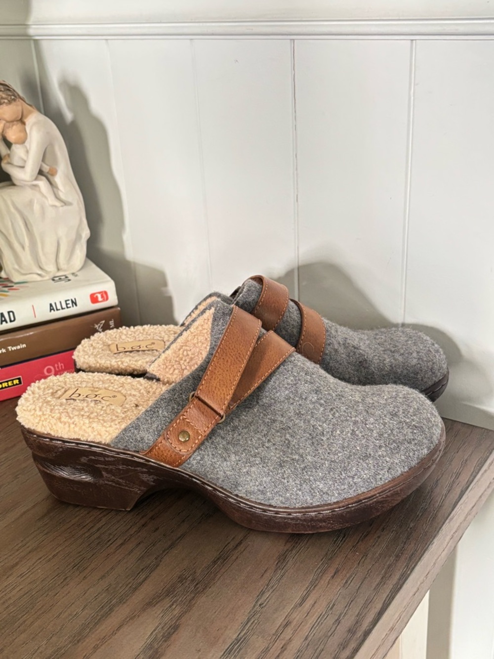 B.O.C Mae Wool Women’s Grey Slip-On Clogs Comfort Shoes Faux Fur Lined Size 8